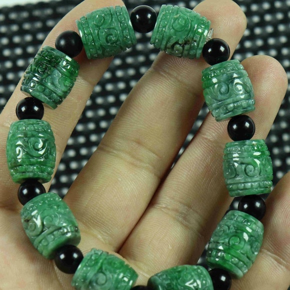 Dry Green Natural A Jade Jadeite Ancient pattern Bead Bracelet 路路通 - Picture 2 of 6